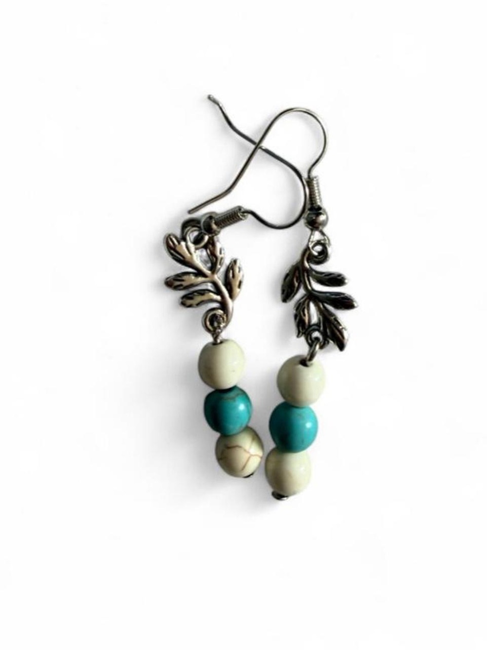 Handmade Turquoise Cream Howlite Beaded Leaf Earrings Western Boho